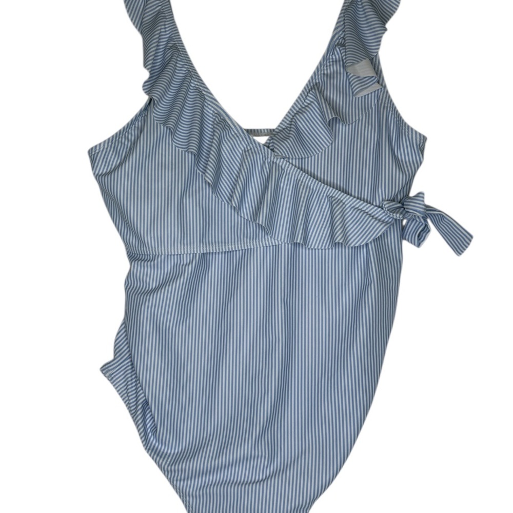 Kindred Bravely Blue and White Stripe Ruffle One-Piece Swimsuit